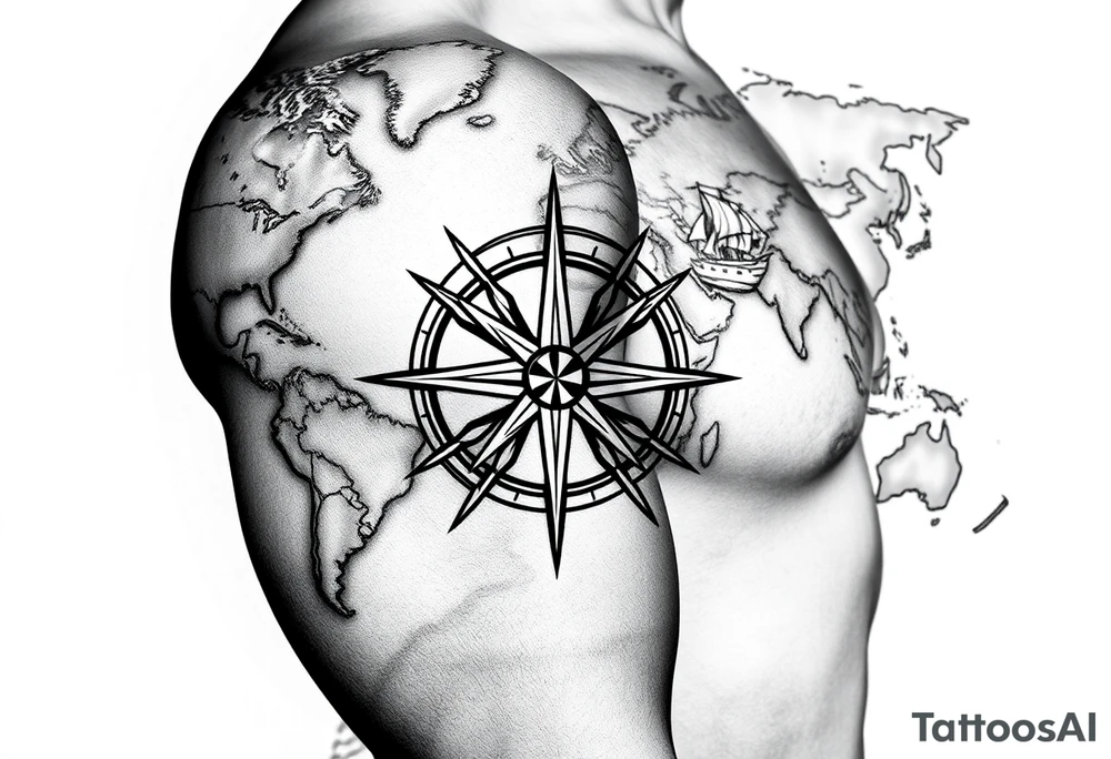 antique compass rose overlaid on weathered world map with sailing ships tattoo idea