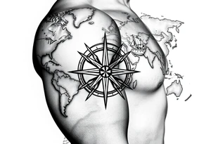 antique compass rose overlaid on weathered world map with sailing ships tattoo idea