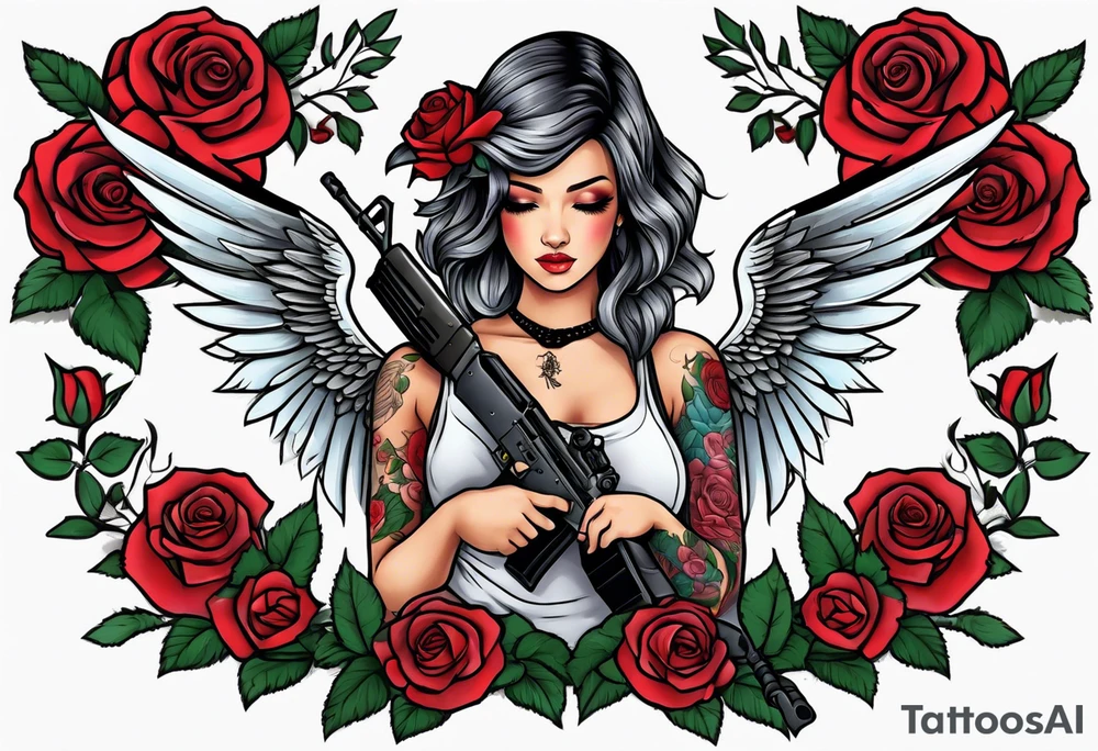Beautiful angle with wings and tattoos surrounded by roses holding a ak 47 tattoo idea
