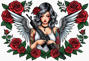Beautiful angle with wings and tattoos surrounded by roses holding a ak 47 tattoo idea
