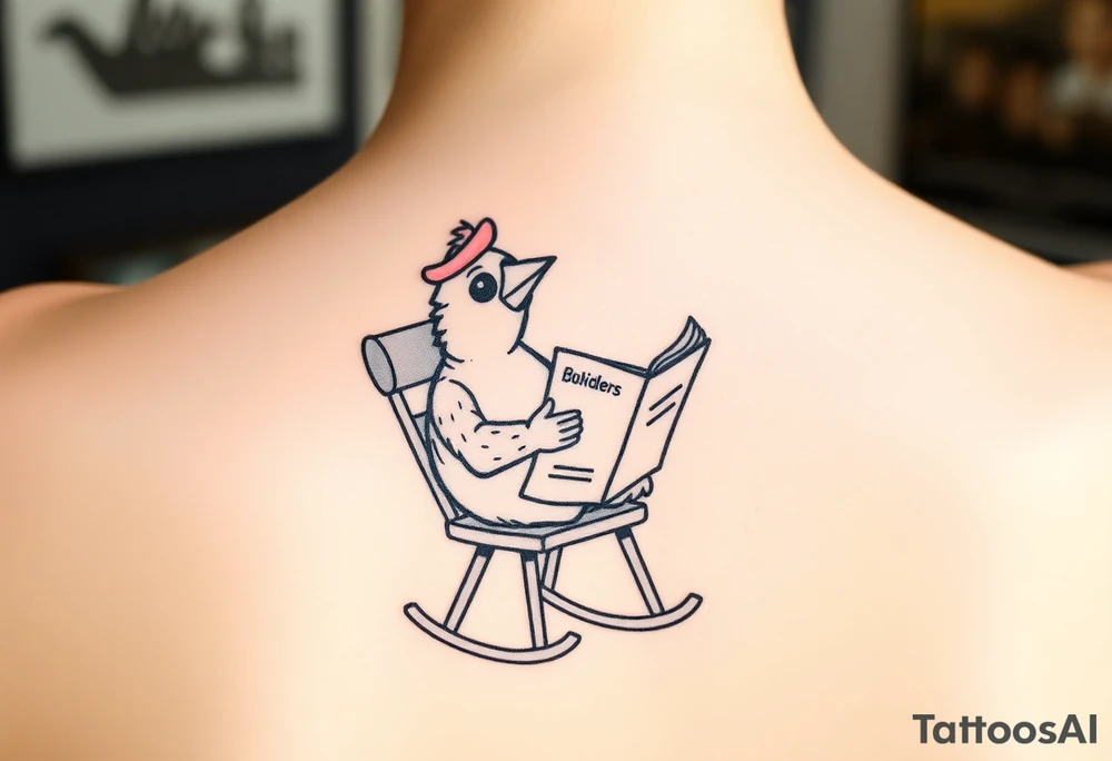 A cardinal wearing a cowboy hat, sitting in a rocking chair reading a newspaper tattoo idea