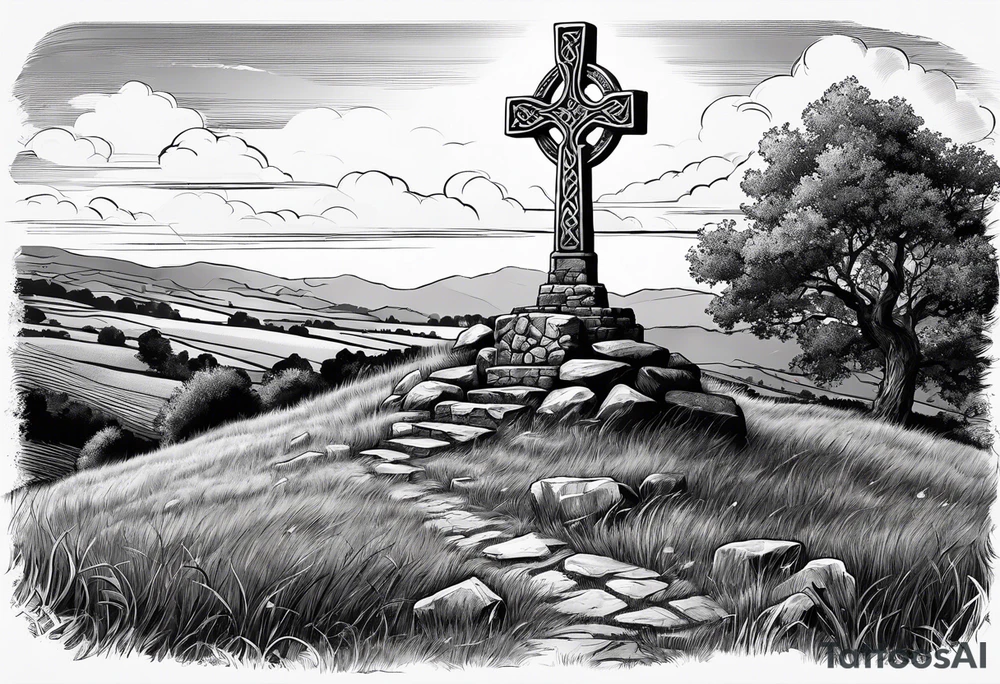 A stone Celtic cross standing solemnly atop a hill. A ruined stone wall lies crumbling near the cross tattoo idea