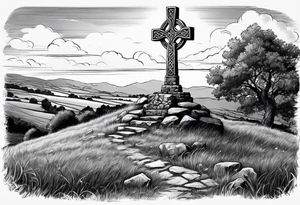 A stone Celtic cross standing solemnly atop a hill. A ruined stone wall lies crumbling near the cross tattoo idea