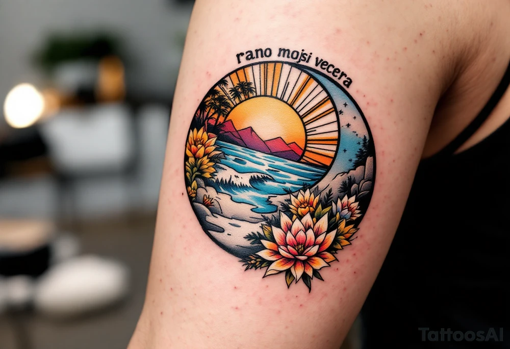 "Rano moudrejsi vecera." — A half-sun, half-moon design in pastel oranges and soft blues, with the phrase circling the horizon line in black. tattoo idea