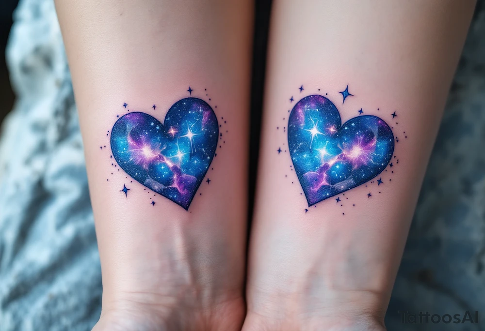 Blue and purple galaxy hearts matching across both upperarms, symbolizing cosmic connection. tattoo idea