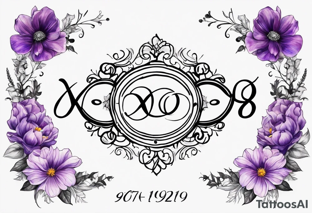 Infinity symbol with violet, rose, larkspur and aster birth flowers on one side and the date 8.30.1997 on the other side tattoo idea
