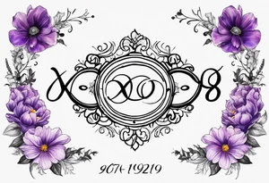 Infinity symbol with violet, rose, larkspur and aster birth flowers on one side and the date 8.30.1997 on the other side tattoo idea
