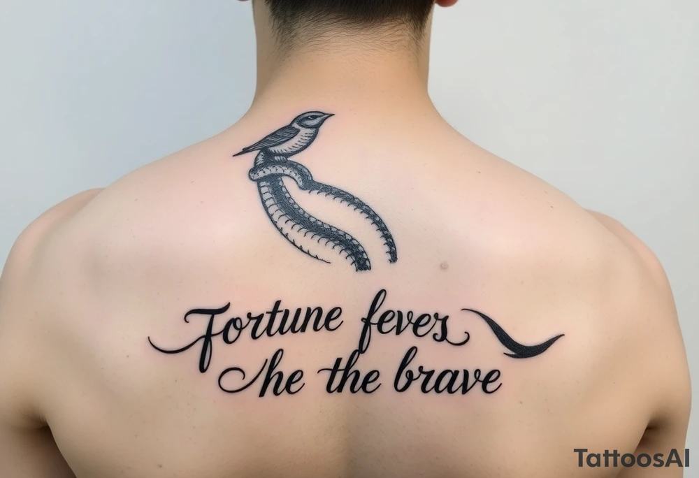 Bird and snake on top of the head with “ fortune favors the brave tattoo idea