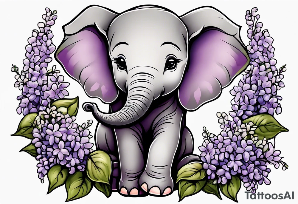 Baby elephant sitting with lilacs in its trunk tattoo idea