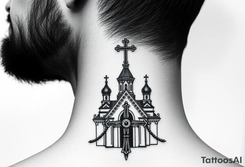 russian orthodox church with the crosses above being christian orthodox but in a AK47 style with a beaded orthodox thurible chain tattoo idea