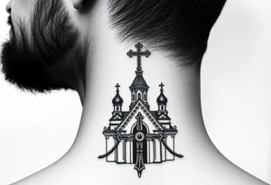 russian orthodox church with the crosses above being christian orthodox but in a AK47 style with a beaded orthodox thurible chain tattoo idea