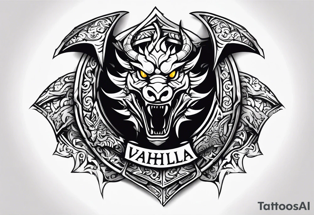 Valhalla sword shield dragon head axe tattoo idea