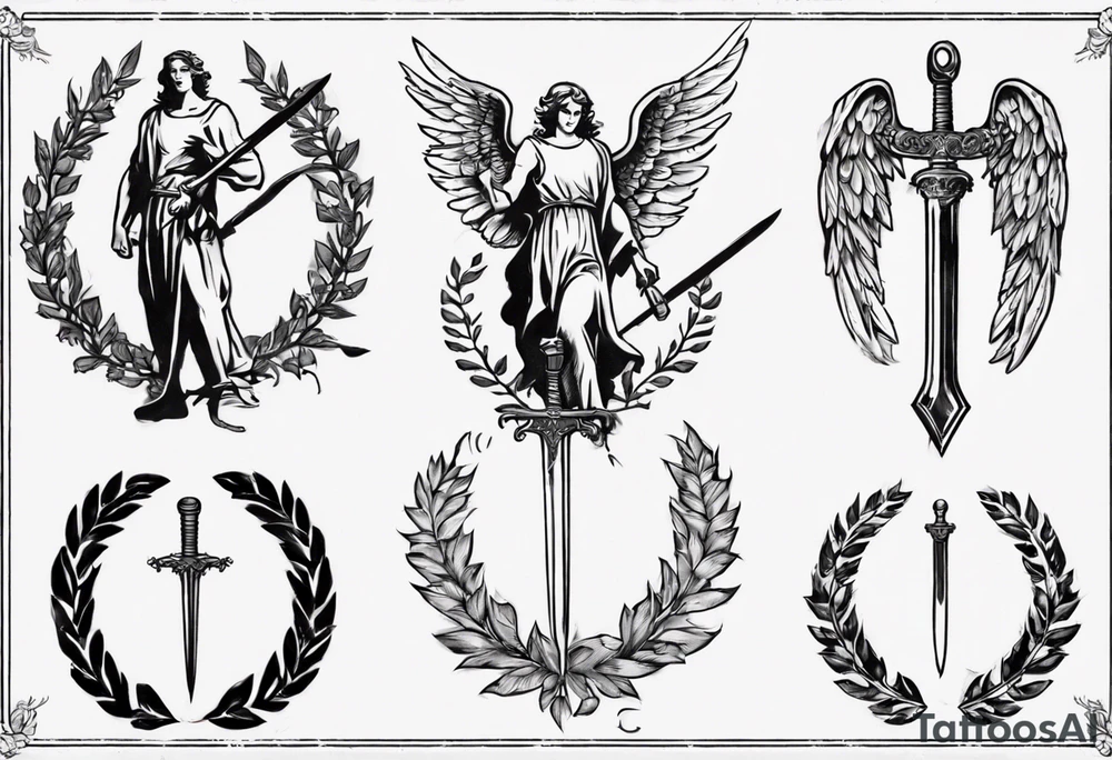 number 13, a laurel leaf wreath, and a Male angel holding sword tattoo idea