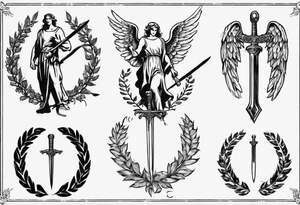number 13, a laurel leaf wreath, and a Male angel holding sword tattoo idea
