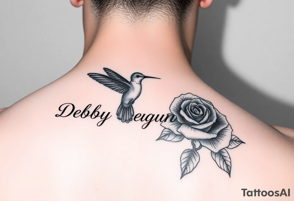 A tattoo on the forearm with the name Debby Deguzman with a humming bird and a rose tattoo idea