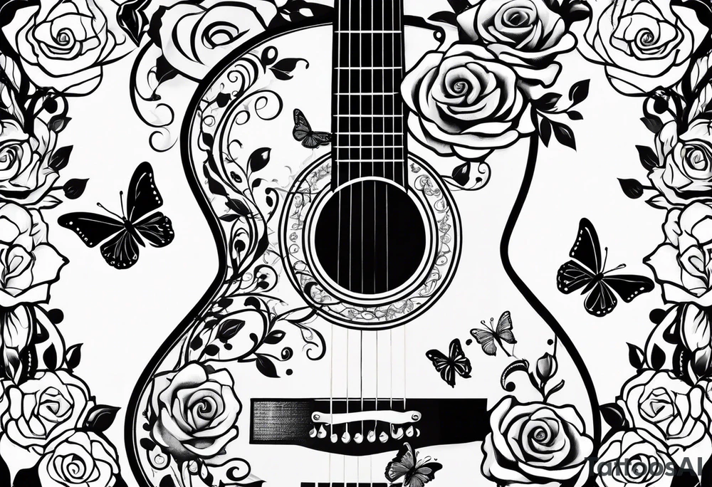 Acoustic guitar treble clef, roses, butterflies tattoo idea