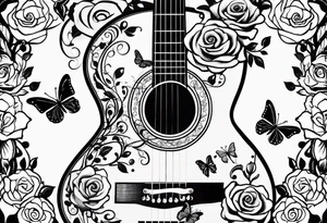Acoustic guitar treble clef, roses, butterflies tattoo idea