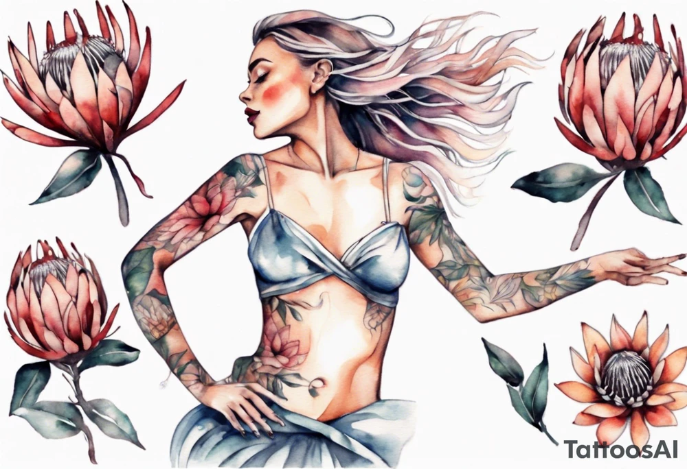 Very feminine tattoo with a woman dancing in a wind of protea flowers tattoo idea