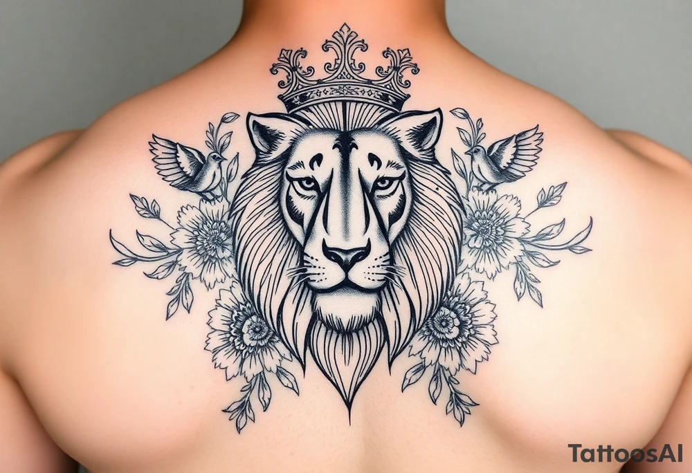 powerful majestic lion with a crown, surrounded by floral ornaments and birds tattoo idea