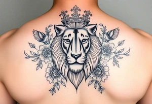 powerful majestic lion with a crown, surrounded by floral ornaments and birds tattoo idea