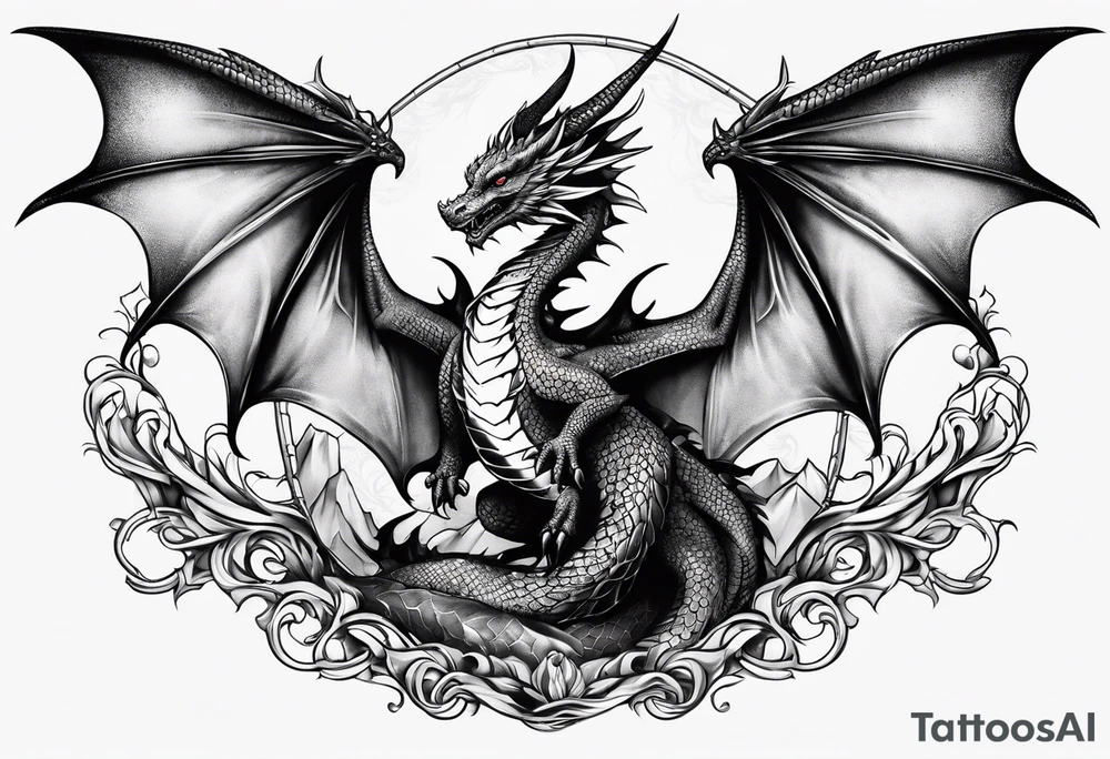 Mother dragon wings spread with 3 baby dragons tattoo idea