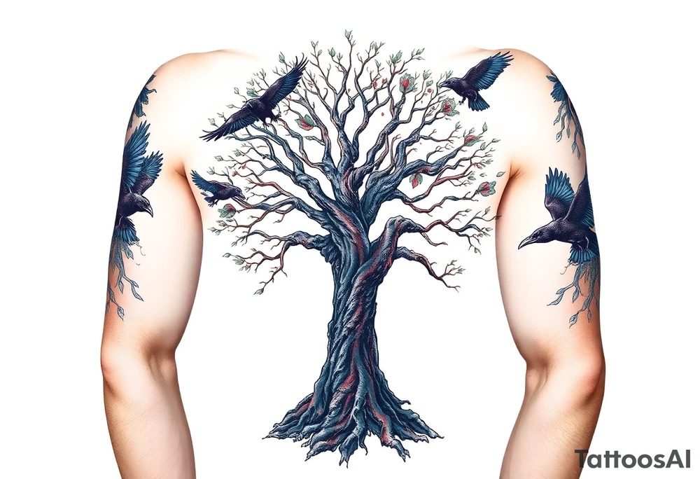The Tree of Life, color infused, ravens flying around it, tattoo idea