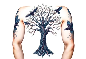 The Tree of Life, color infused, ravens flying around it, tattoo idea