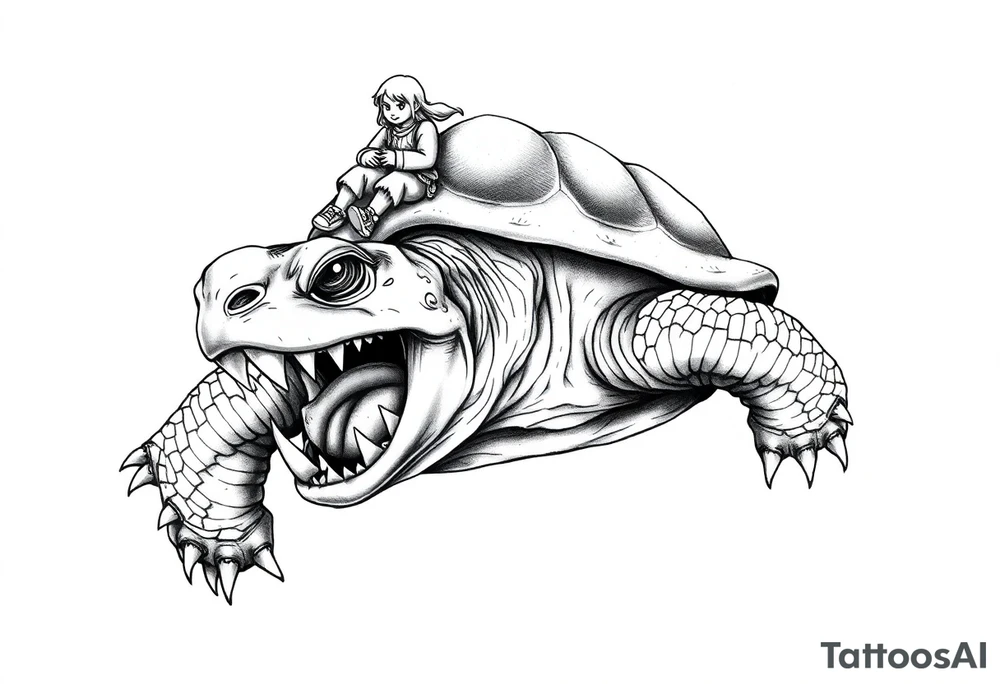 powerful and angry turtle with huge teeth and a tiny hobbit like person riding on the back tattoo idea