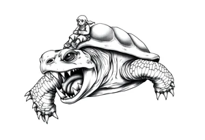 powerful and angry turtle with huge teeth and a tiny hobbit like person riding on the back tattoo idea