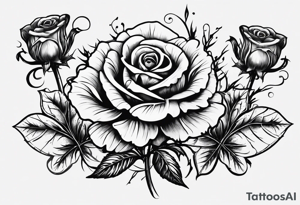 3 flowers, A thistle and a yellow rose and a shamrock, whose stems spell K N D. tattoo idea