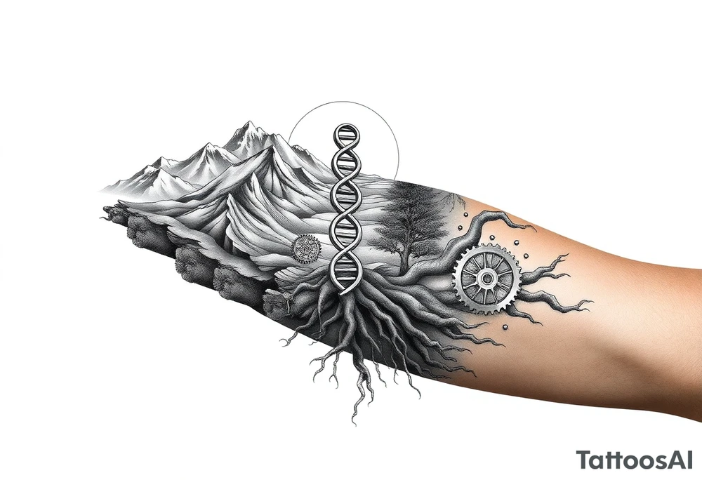Full sleeve tattoo design for a left arm, vertical composition. A surreal blend of Southern California landscapes including desert dunes, snow-capped mountains, and ocean waves. The landscapes are integrated into a 3D geometric and biomechanical framework with gears, droid-like metallic components, and Matrix-style digital rain. In the center, a double helix DNA strand transitions into tree roots. Style: Alex Grey visionary art meets TOOL aesthetic. High contrast black and grey with subtle glowing amber highlights. Hyper-realistic, 8k, white background tattoo idea