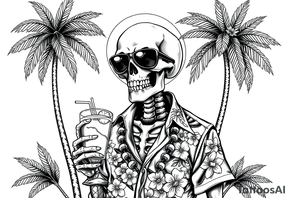 a skeleton in hawaiian shirt, palms, a cocktail,sun,sun-glasses,"Take it easy and relax"! tattoo idea