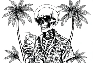 a skeleton in hawaiian shirt, palms, a cocktail,sun,sun-glasses,"Take it easy and relax"! tattoo idea