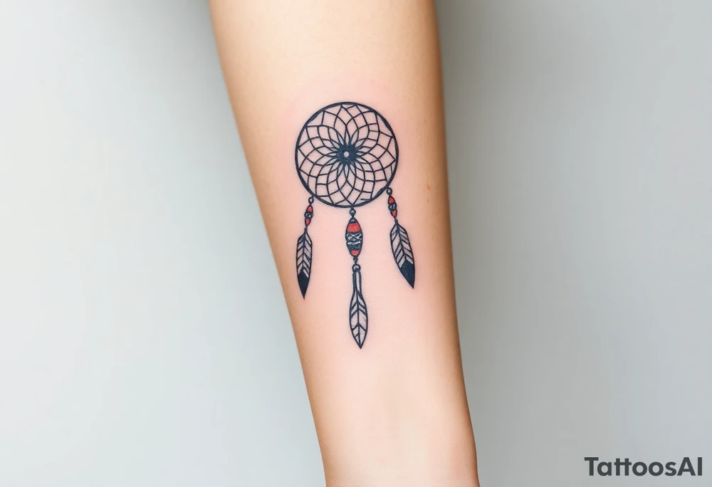 native dreamcatcher with flowing feathers and sacred beads tattoo idea