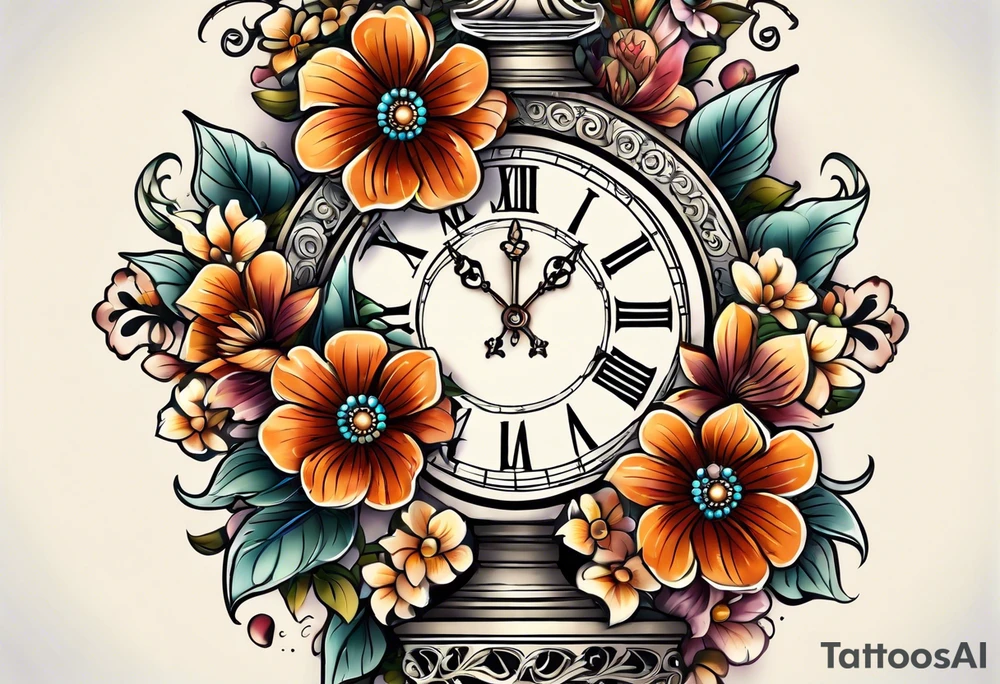 Floral leg piece with beading and lace tattoo idea. colorful, old school flowers, highly detailed, florals. white background. beautiful hourglass at the center, intricate highly detailed, tattoo idea
