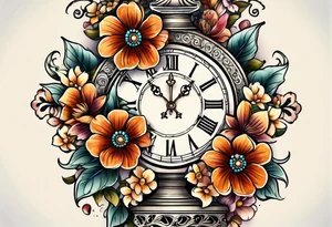 Floral leg piece with beading and lace tattoo idea. colorful, old school flowers, highly detailed, florals. white background. beautiful hourglass at the center, intricate highly detailed, tattoo idea