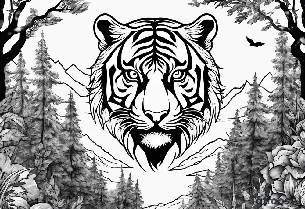 Tiger and bear chest tattoo both on different pecs. They are in a cloudy forest with fierce warriors. Number 14 is in the sternum tattoo idea