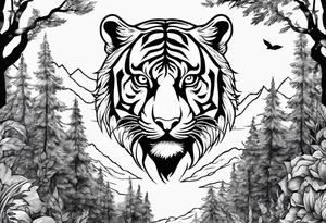 Tiger and bear chest tattoo both on different pecs. They are in a cloudy forest with fierce warriors. Number 14 is in the sternum tattoo idea