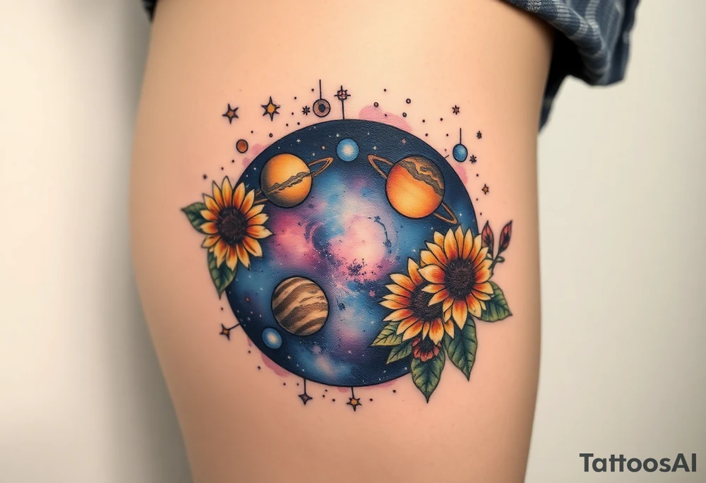 Milky way galaxy with planets with zodiac symbols and protection runes in it with tigerlillies roses and sunflowers tattoo idea