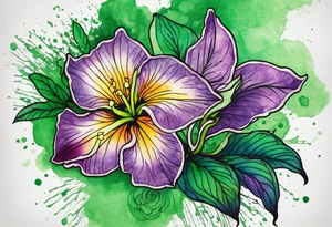 A mystical outline of a dipladenia flower and a green/purple watercolor splatter in the background to make the flower mainly green with purple highlights tattoo idea