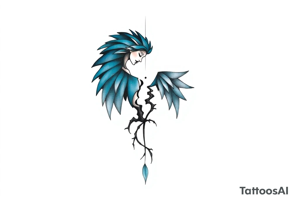 A minimalist tattoo that represents a shattered and betrayed gemini woman who fought hard throughout this year. With colors blue and black. Make it unique and rare. Without leaves and stem. tattoo idea