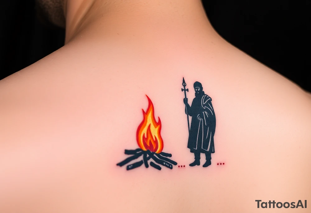 A silhouette of Jan Hus standing next to a bonfire, with fiery orange and red shades tattoo idea