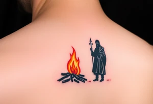 A silhouette of Jan Hus standing next to a bonfire, with fiery orange and red shades tattoo idea