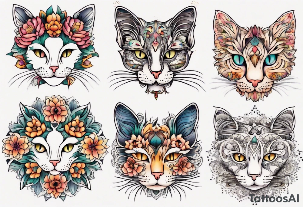 Cat colored flowers Mandala tattoo idea
