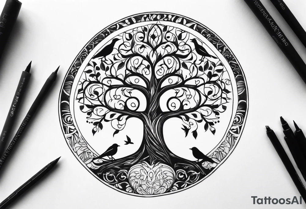 Tree of life with birds, birthdate tattoo idea