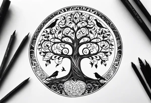 Tree of life with birds, birthdate tattoo idea