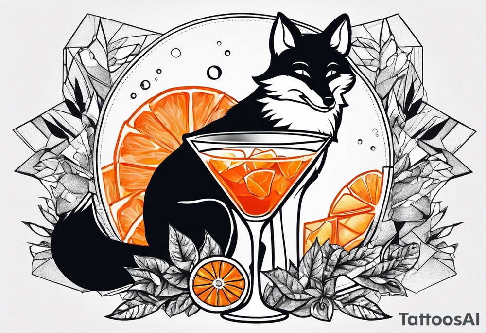 Adult male fox with one Negroni in short lowball cocktail glass with ice and orange peel with disco background tattoo idea
