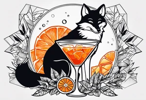 Adult male fox with one Negroni in short lowball cocktail glass with ice and orange peel with disco background tattoo idea