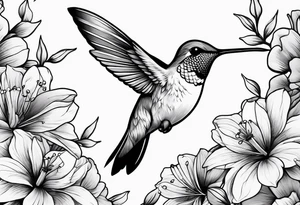 Humming bird surrounded by beautiful flowers tattoo idea