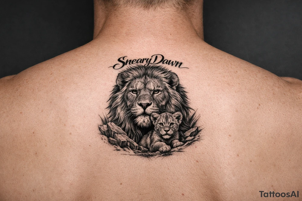 Big lion with smaller lion with saying of SnearyDawn tattoo idea